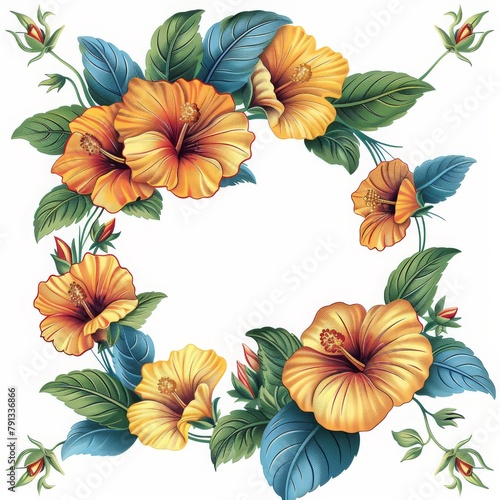 Artistic illustration of orange hibiscus flowers with lush green leaves against a white background.