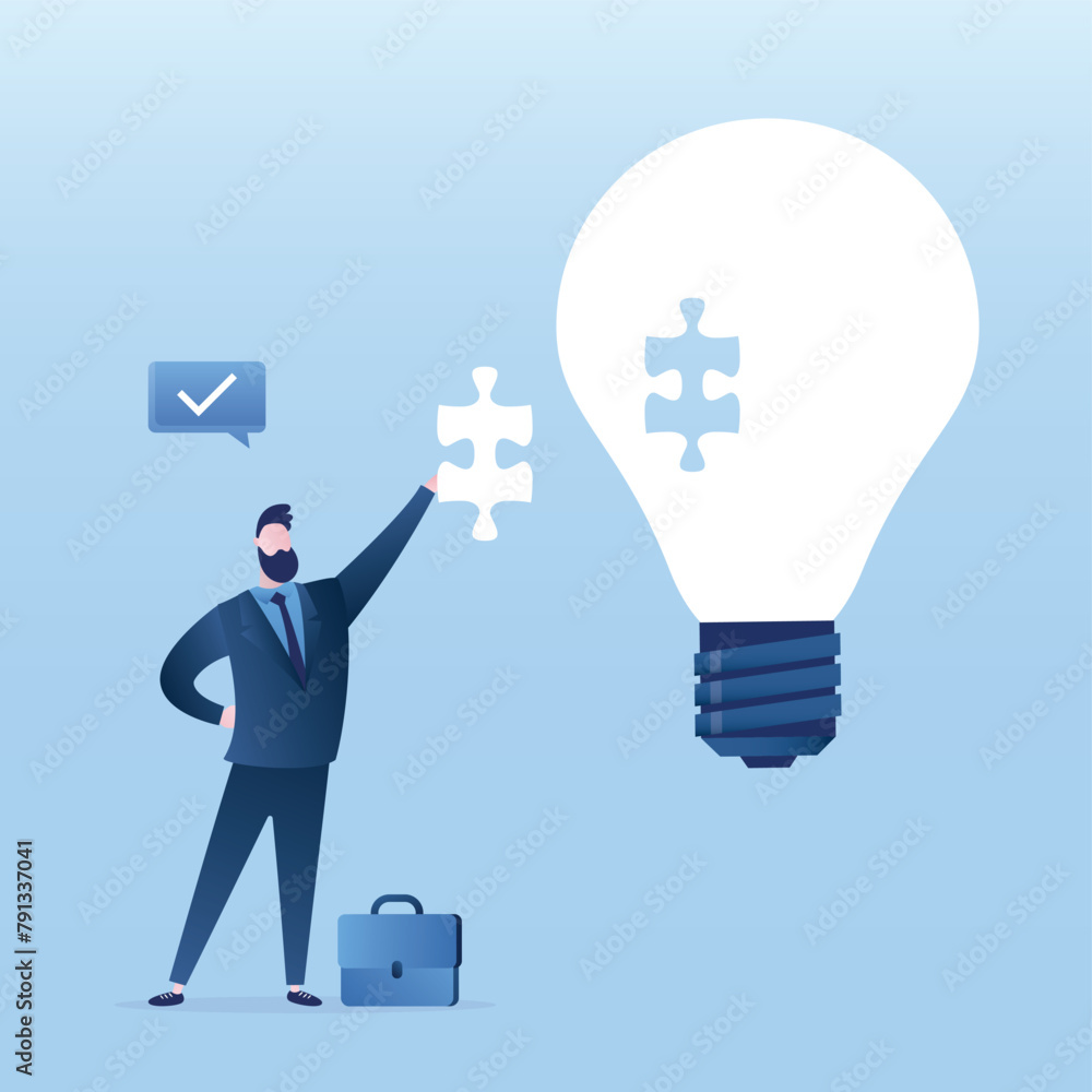 Finishing brainstorming, light bulb without one jigsaw puzzle. Business creativity, symbol of inspiration, creative thinking. Pitching ideas. Businessman holds part of puzzle. Finishing brainstorming, light bulb without one jigsaw puzzle. Business creativity, symbol of inspiration, creative thinking. Pitching ideas. Businessman holds part of puzzle.