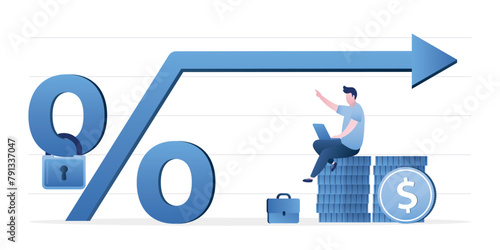 Businessman sitting on money stack with fixed percentage sign. Fixed interest rate, mortgage or loan. Fixed cost or constant price for customers.
