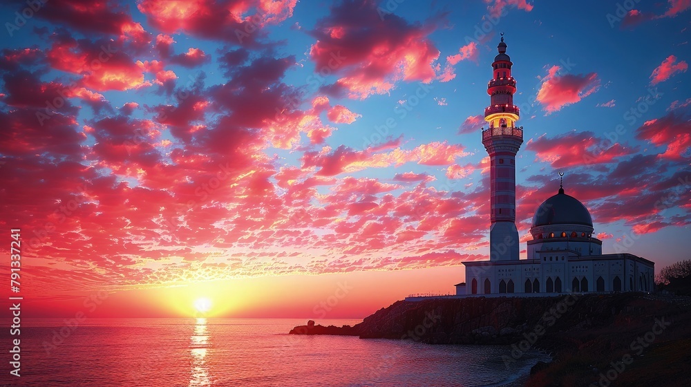 The silhouette of a mosque's minaret against the vibrant hues of a sunset sky, marking the end of Ramadan and the joyous occasion of Eid al-Adha.