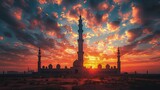 The silhouette of a mosque's minaret against the vibrant hues of a sunset sky, marking the end of Ramadan and the joyous occasion of Eid al-Adha.