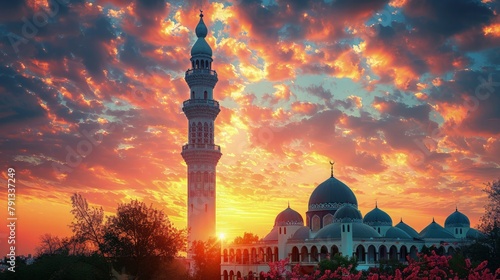 The silhouette of a mosque's minaret against the vibrant hues of a sunset sky, marking the end of Ramadan and the joyous occasion of Eid al-Adha. photo