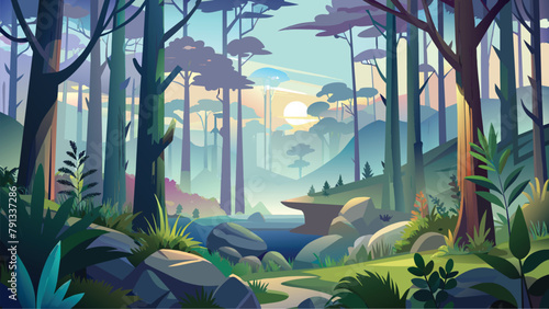 Landscape vector illustration of foggy forest in morning. Misty mountains, Trees, River, Road, Moon