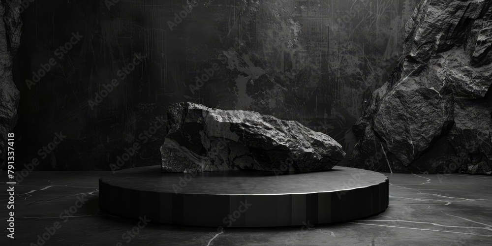 Monochrome Presentation of a Minimalist Black Podium Against a Stone Backdrop
