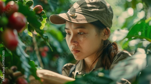 A woman wearing a straw hat is picking fruit from a tree