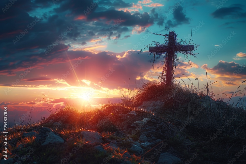Serene Sunset Behind a Lone Cross on a Hill Depicting the Calvary Serene Sunset Behind a Lone Cross on a Hill Depicting the Calvary