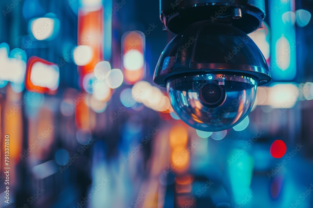 Close-Up of a CCTV Security Camera Overlooking a Bustling City Street at Night Close-Up of a CCTV Security Camera Overlooking a Bustling City Street at Night