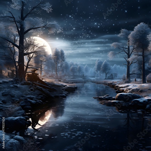 Winter landscape with river and trees at night. 3D rendering.