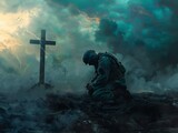 Soldier in Prayer Amidst War-Torn Battlefield at Dusk