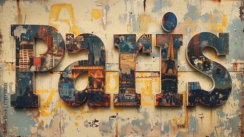 Urban decay style Paris typography with iconic city elements.