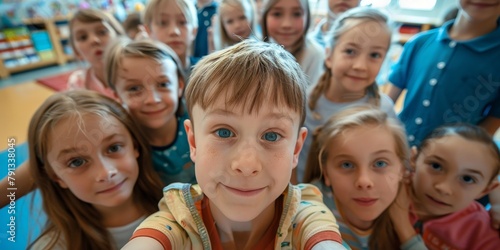 Young Boy Taking a Group Selfie With Classmates in a Colorful Classroom