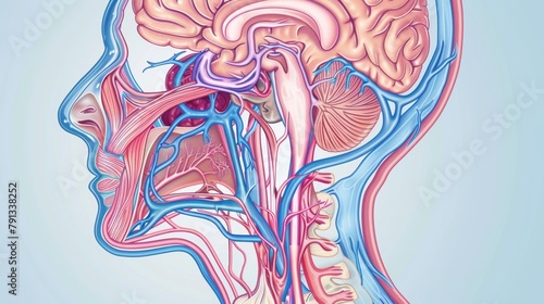 An illustration of the pathway of the vagus nerve and how it connects to various and body systems. . photo