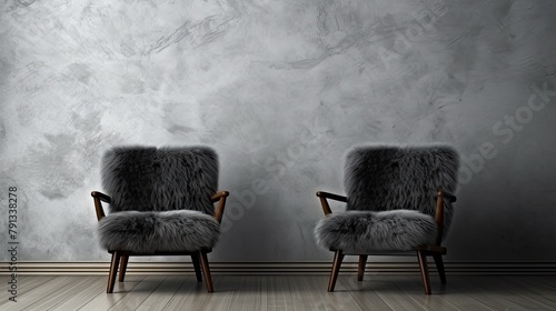 Two black fluffy fur armchair made of sheepskin against a background of dark plaster wall with copy space. Minimalist home interior design for modern living room.