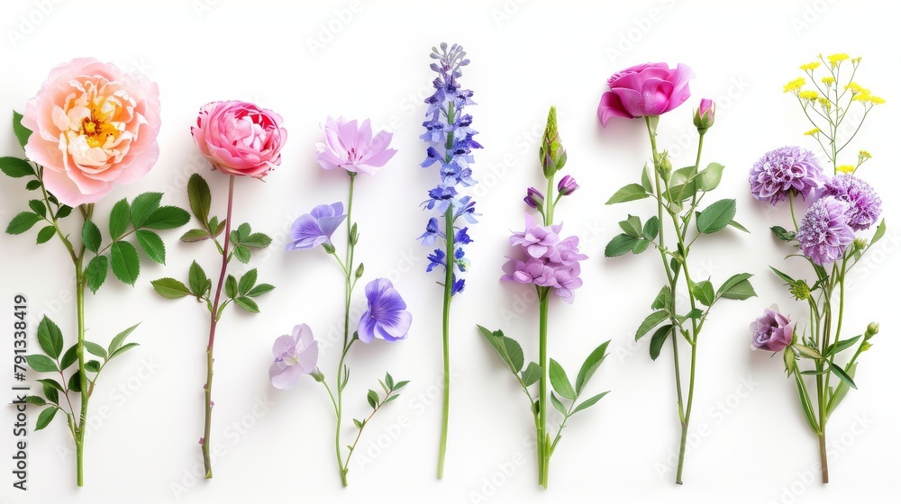 Obraz premium A vibrant collection of various meadow flowers, presenting unique shapes and colors, meticulously arranged on a stark white background to highlight their natural beauty.