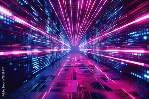 Speed of digital lights  neon glowing rays. Futuristic technology abstract background with lines for network  big data  data center  server  internet  speed. 3D render