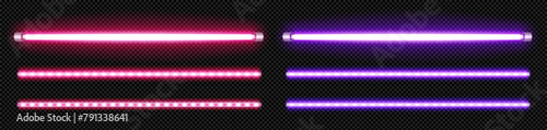 Neon light led tube and stripe on transparent background. Realistic 3d vector illustration set of purple and pink fluorescent halogen lamp with glow effect for bar night party or casino design.