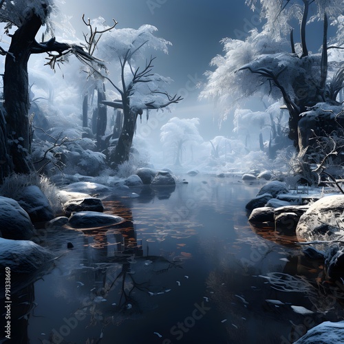 Fantasy winter landscape with a river and trees. 3d rendering