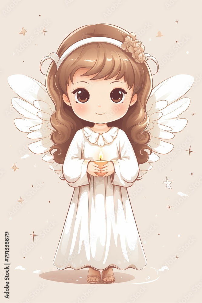 Angelic Girl Illustration with Feathered Wings Holding Candle Angelic Girl Illustration with Feathered Wings Holding Candle