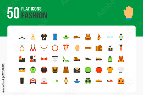 Set of 50 Fashion icons related to Hanger, Dress, Hat, Shoe Flat Icon collection
