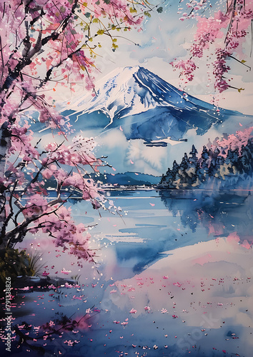  Iconic Japanese mountain with cherry blossom tree in foreground, representing traditional beauty and cultural significance. Stunning landscape photography capturing Japan's renowned Mount Fuji.