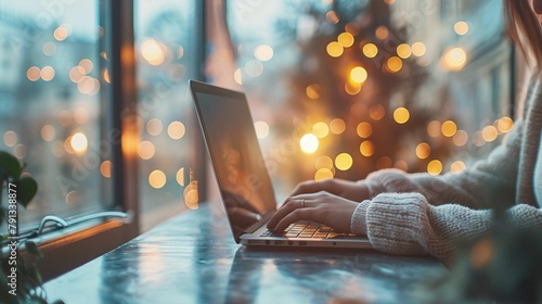 Cozy Winter Evening Work on Laptop, Warm Indoor Lighting