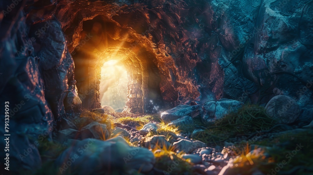 Enigmatic Empty Tomb at Dawn With Stone Entrance and Rays of Light Enigmatic Empty Tomb at Dawn With Stone Entrance and Rays of Light