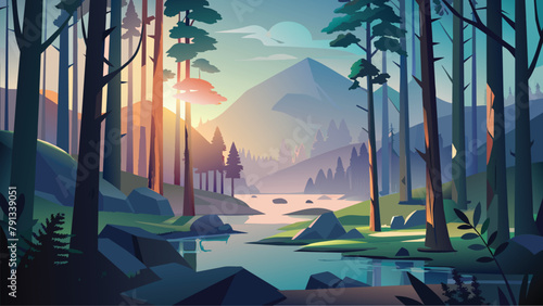 Landscape vector illustration of foggy forest in morning. Misty mountains, Trees, River, Road, Moon photo