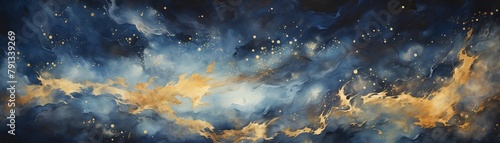 Streaming indigo and gold energy, abstract celestial theme, upward angle, starry backdrop , hyper realistic