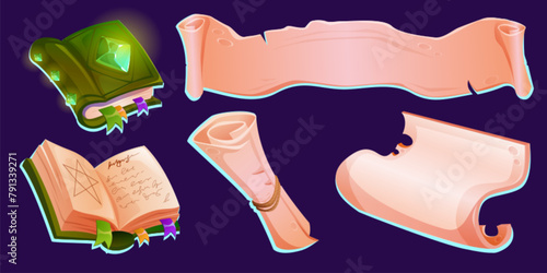 Old magic book and parchment pieces. Cartoon vector illustration set of closed and open textbook with fantastic hardcover with glowing green gem stone, ancient paper scroll and ribbon for game ui. © klyaksun
