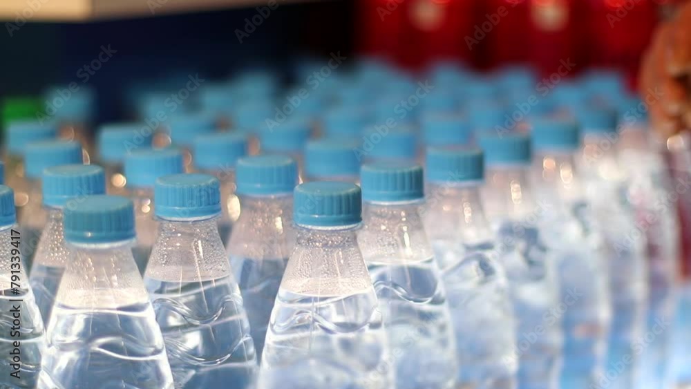 Rows of clear plastic Bottles with Water and male hand takes one. Man choosing a mineral water in store. Healthy lifestyle concept
