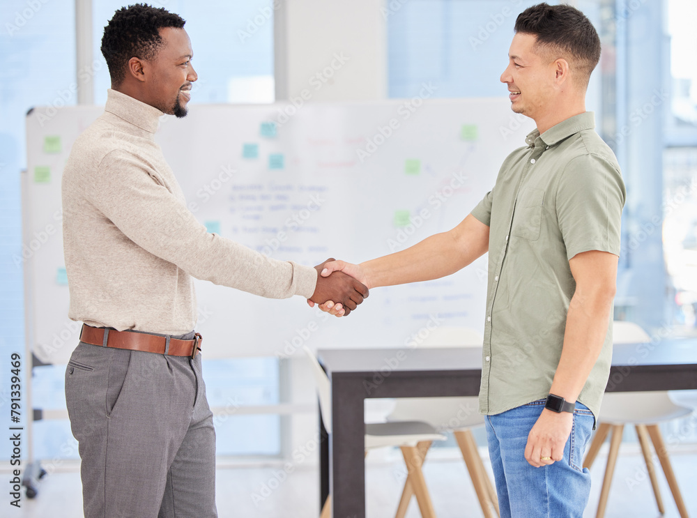 Men, handshake and teamwork in office for meeting, thank you and welcome support or networking. Partners, workplace and employees for agreement on business deal, recruitment and b2b for merger offer Men, handshake and teamwork in office for meeting, thank you and welcome support or networking. Partners, workplace and employees for agreement on business deal, recruitment and b2b for merger offer