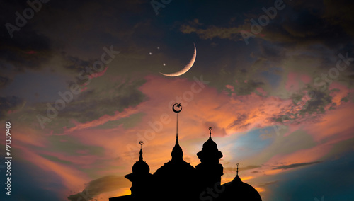 Night sky with crescent moon and stars of Ramadan sky. Mosque dome, Islamic landmark.mosque dome of light of hope arabic islamic architecture Concept Religion islam	 photo