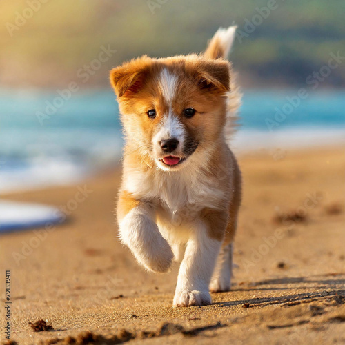 해변을 뛰어다니는 강아지