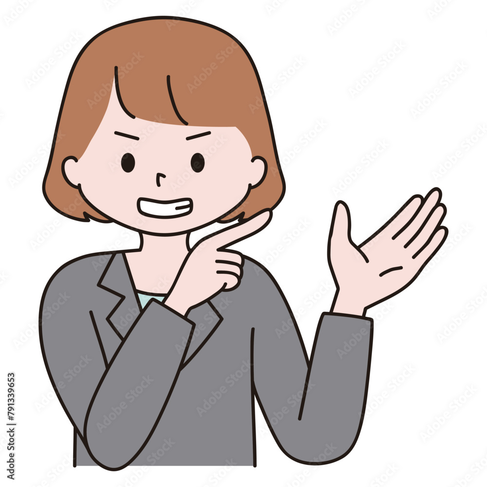 右上を指差して得意気に紹介するスーツ姿の女性のイラスト 右上を指差して得意気に紹介するスーツ姿の女性のイラスト