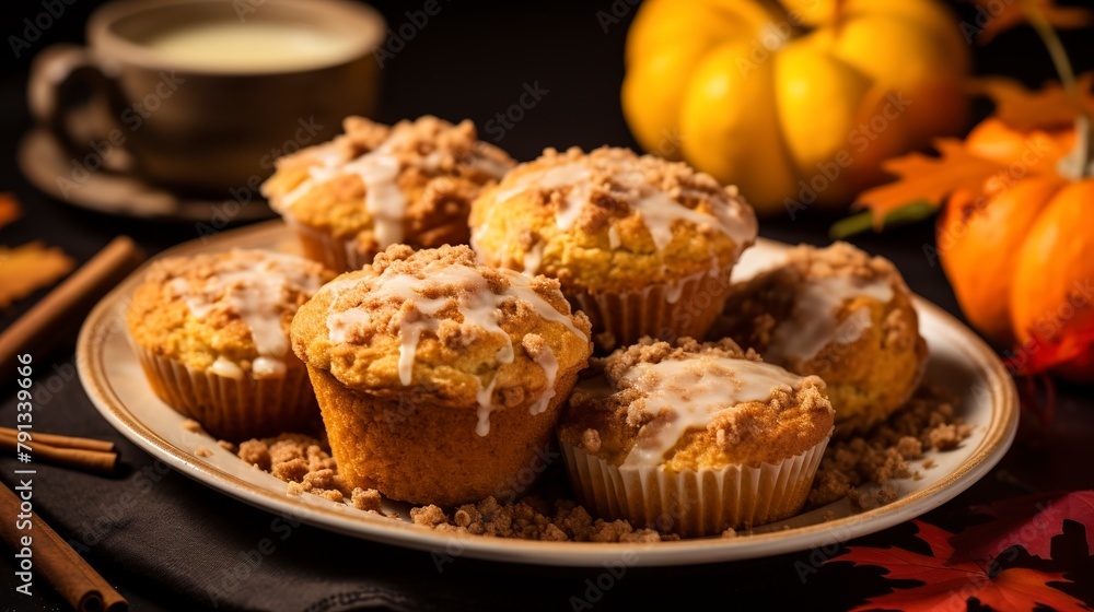 Pumpkin spice muffins, close-up, with a streusel topping and a cinnamon stick garnish, on a fall-themed plate. Pumpkin spice muffins, close-up, with a streusel topping and a cinnamon stick garnish, on a fall-themed plate.
