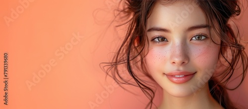 A beautiful young Asian woman in close-up with clean, fresh skin in the sunlight against a background of peach fuzz. The concept of advertising cosmetics for facial care. A poster with a place to copy