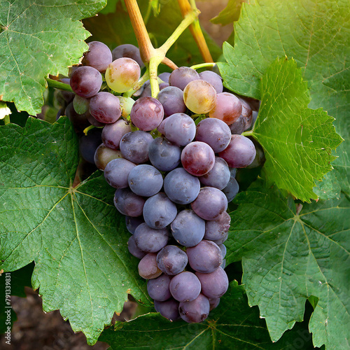 A cluster of ripe grapes nestled in a bed of green leaves. 