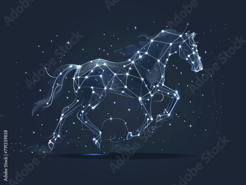 A horse is running through the stars in a dark sky