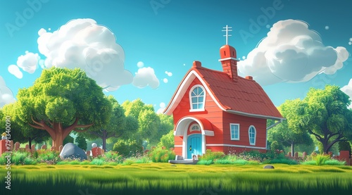 A cartoon house with a mushroom in front of it