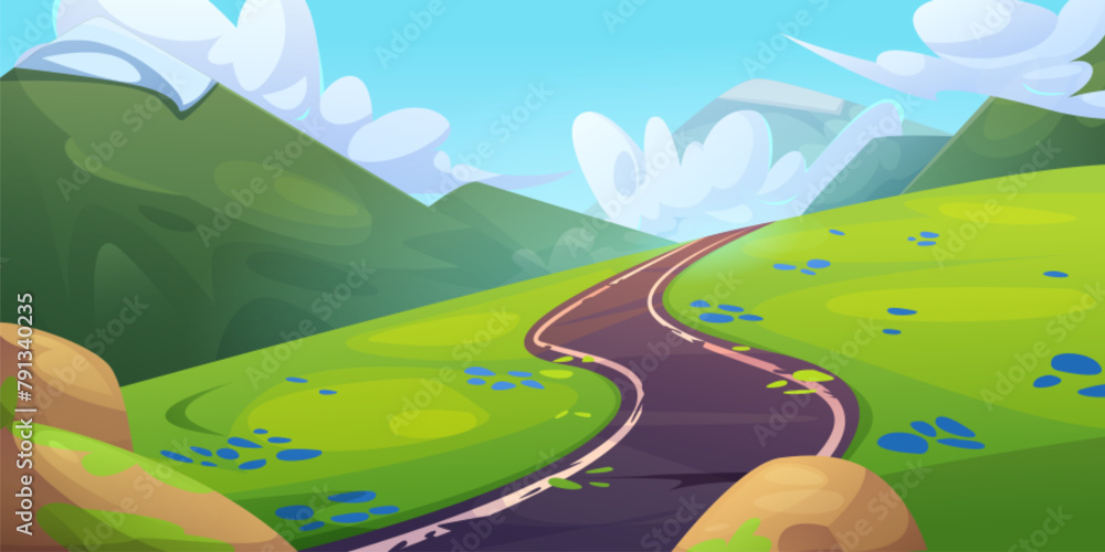 Obraz premium Winding road on mountain background. Vector cartoon illustration of curvy highway on green hill with grass and summer flowers, glacier on rocky peaks, fluffy clouds in blue sky, travel game backdrop