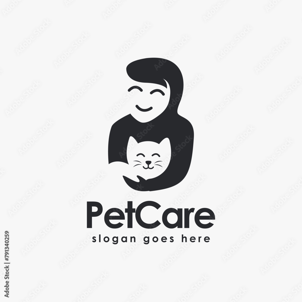 Obraz premium A woman hug a cat, pet care logo icon vector template on white background
