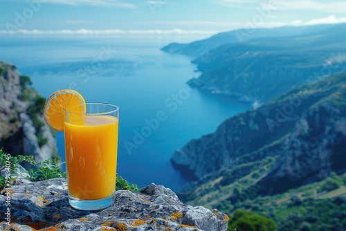 Glass of fresh orange juice on a stone parapet with a view of the sea and mountains. photo