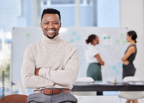 Man, portrait and arms crossed in workshop, office and happy with confidence, pride or leadership. African entrepreneur, black business owner or smile in boardroom for presentation at creative agency