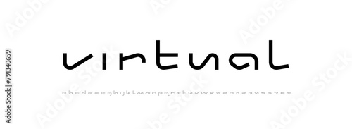 Virtual wide future font, digital cyber alphabet, trendy original letters from A to Z and numbers from 0 to 9, vector illustration 10EPS