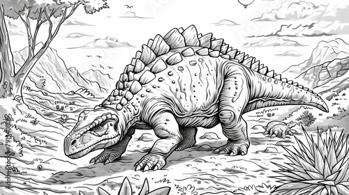 Dinosaurs: A coloring book illustration of an Ankylosaurus defending itself with its armored plates and clubbed tail photo