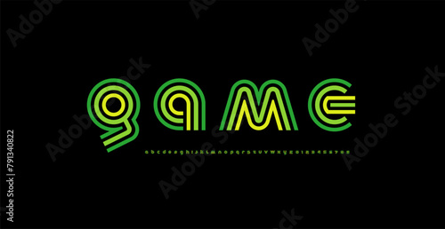 Modern stylized striped font, minimalistic alphabet made linear style, graphic futuristic letters and numerals, vector illustration 10EPS