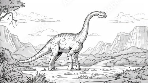 Dinosaurs: A coloring book page featuring a Diplodocus with its long neck and tail