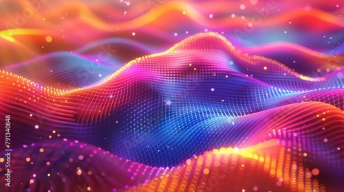 Abstract, dynamic background featuring a colorful gradient hologram with particles flowing like waves. Represents digital technology.