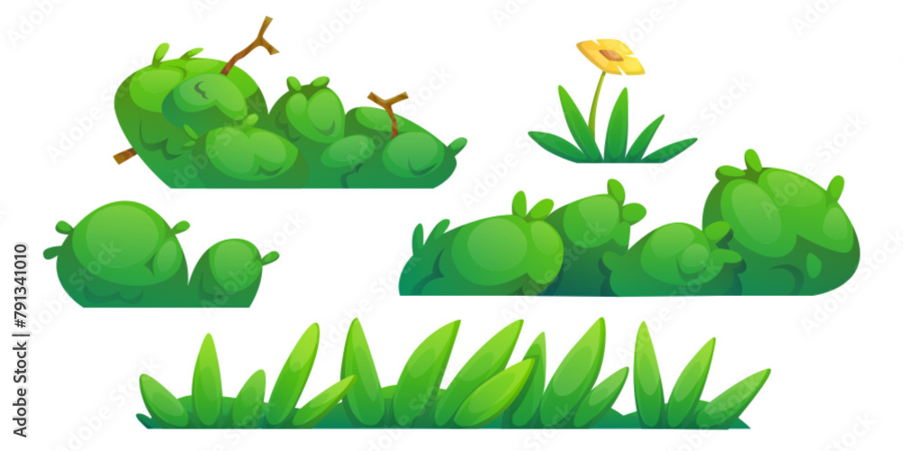 Grass, bushes and flowers border. Cartoon vector illustration set of spring or summer field and garden decoration elements. Green vegetation for springtime or Easter design. Meadow and lawn plants. - obrazy, fototapety, plakaty 