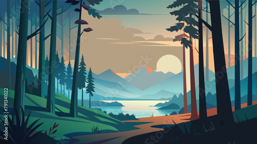 Landscape vector illustration of foggy forest in morning. Misty mountains, Trees, River, Road, Moon